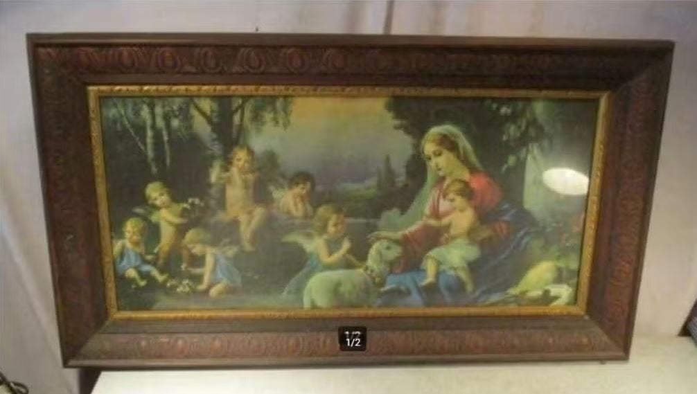 Prachtige Prent 'Maria Jezus en Engelen' - Antieke Fotolijst, Antiek en Kunst, Ophalen of Verzenden
