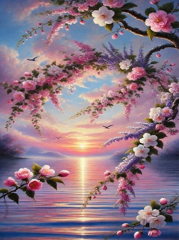 30x20cm Diamond Painting zee zonsondergang bloemen nr 364, Roze, Diamond painting, Nieuw, Ophalen of Verzenden