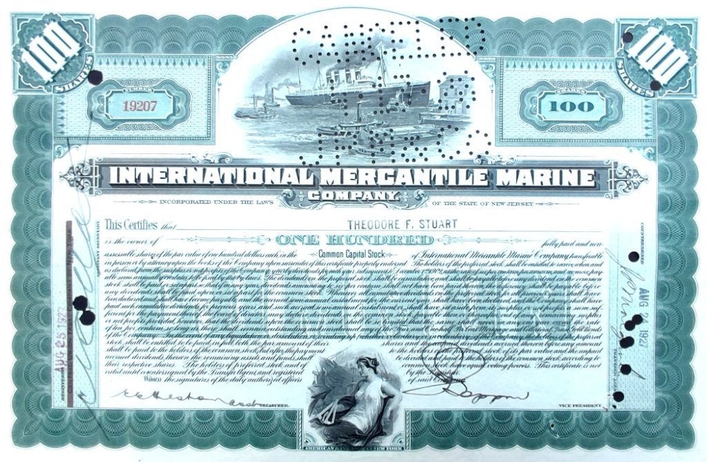 International (TITANIC) Mercantile Marine Company 1927, Timbres & Monnaies, Actions & Titres, Enlèvement ou Envoi, 1920 à 1950