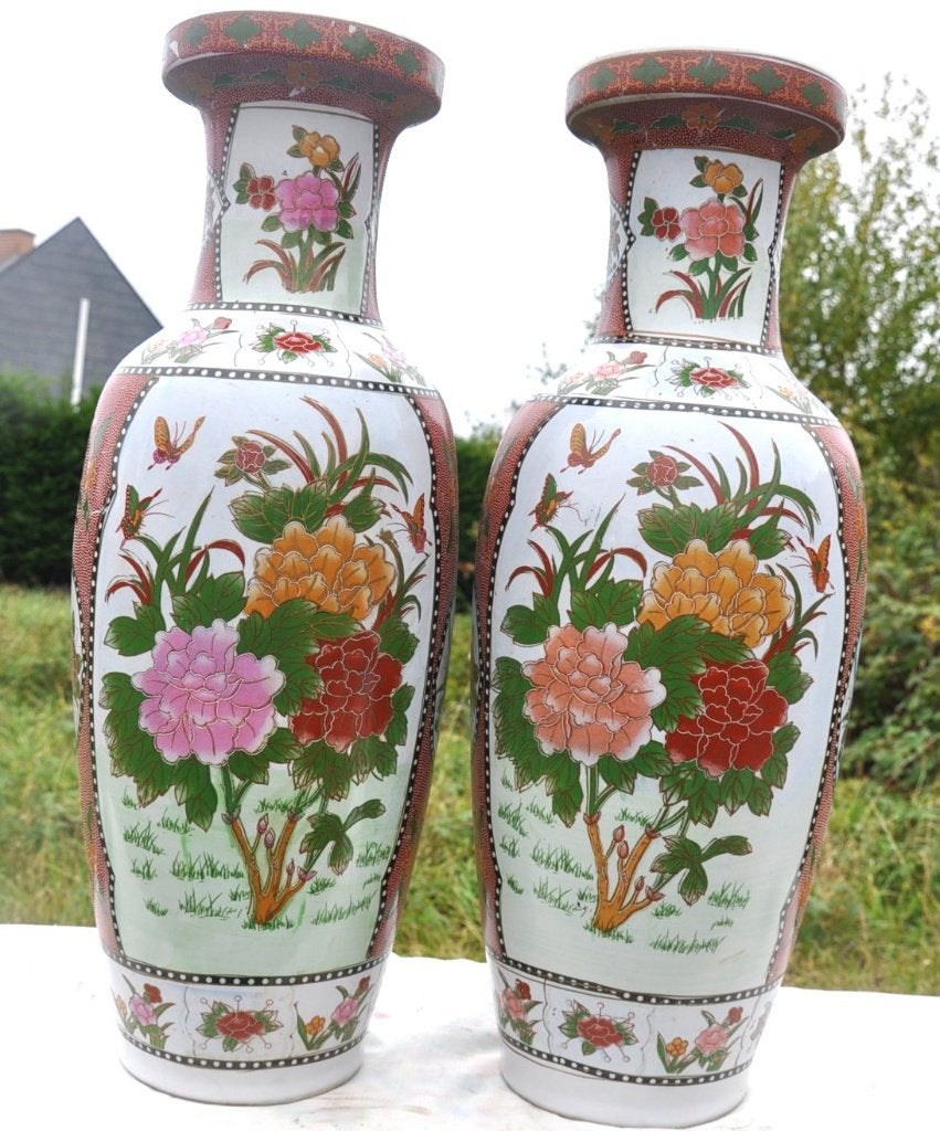 paire de grand vases japonisant motif floral de 63 cm, Antiquités & Art, Enlèvement ou Envoi