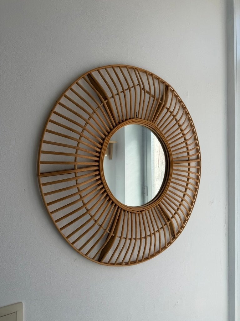 Ronde rotan wandspiegel met zonnestraalrand – naturel, Enlèvement, Utilisé, Rond