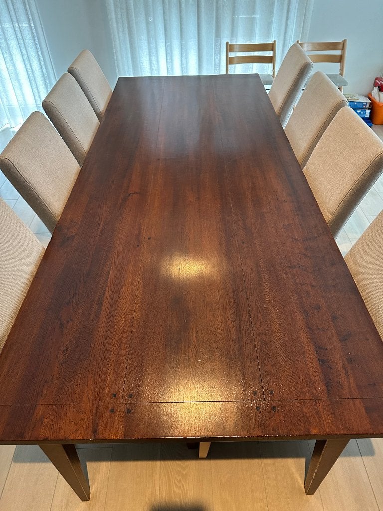 Eikenhouten tafel + 8 stoelen, Huis en Inrichting, Tafels | Eettafels, Gebruikt, 100 tot 150 cm, Eikenhout, 200 cm of meer