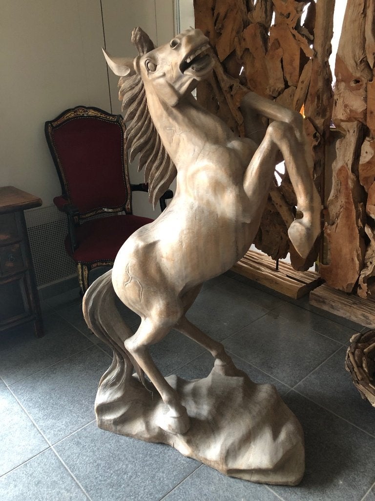 Groot, prachtig uitgesneden houten paard, Antiek en Kunst, Kunst | Beelden en Houtsnijwerken, Ophalen, Houtsnijwerk, 1 meter - 2 meter