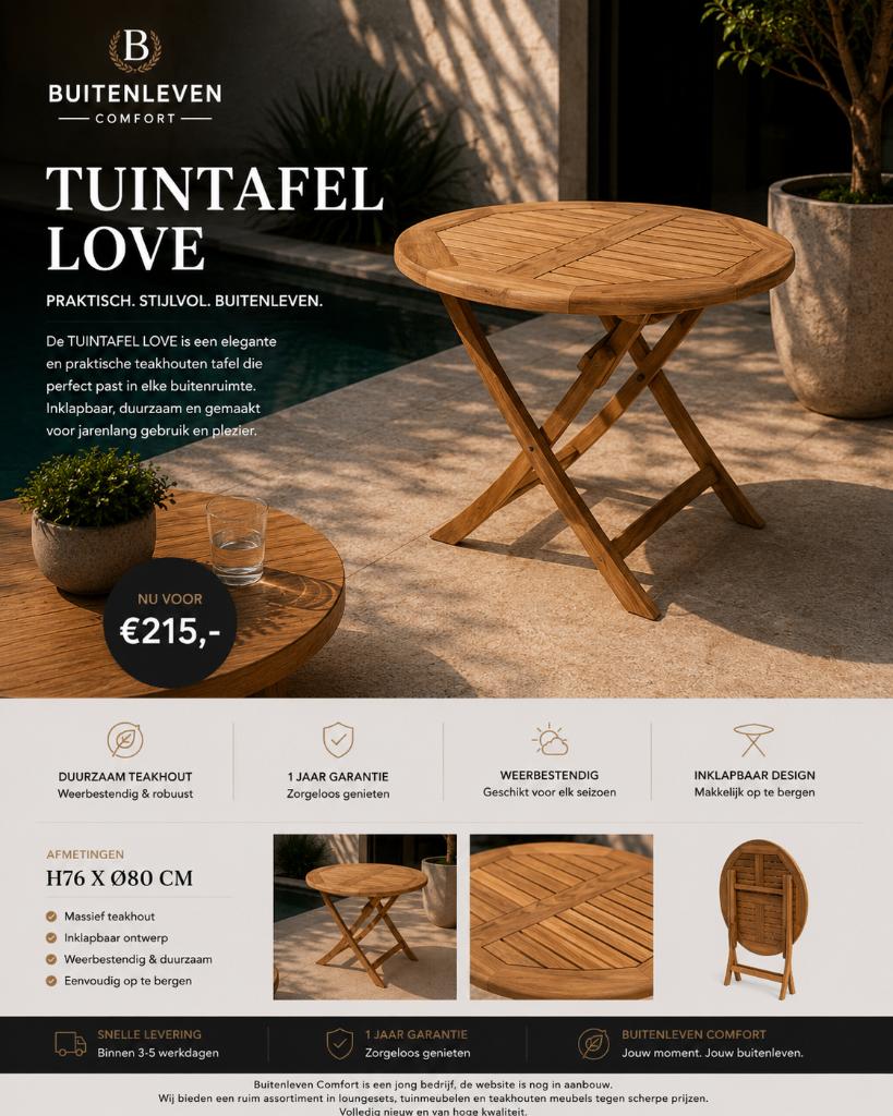 tuintafel type Love Teak, Tuin en Terras, Ophalen, Nieuw, Rond, Teakhout
