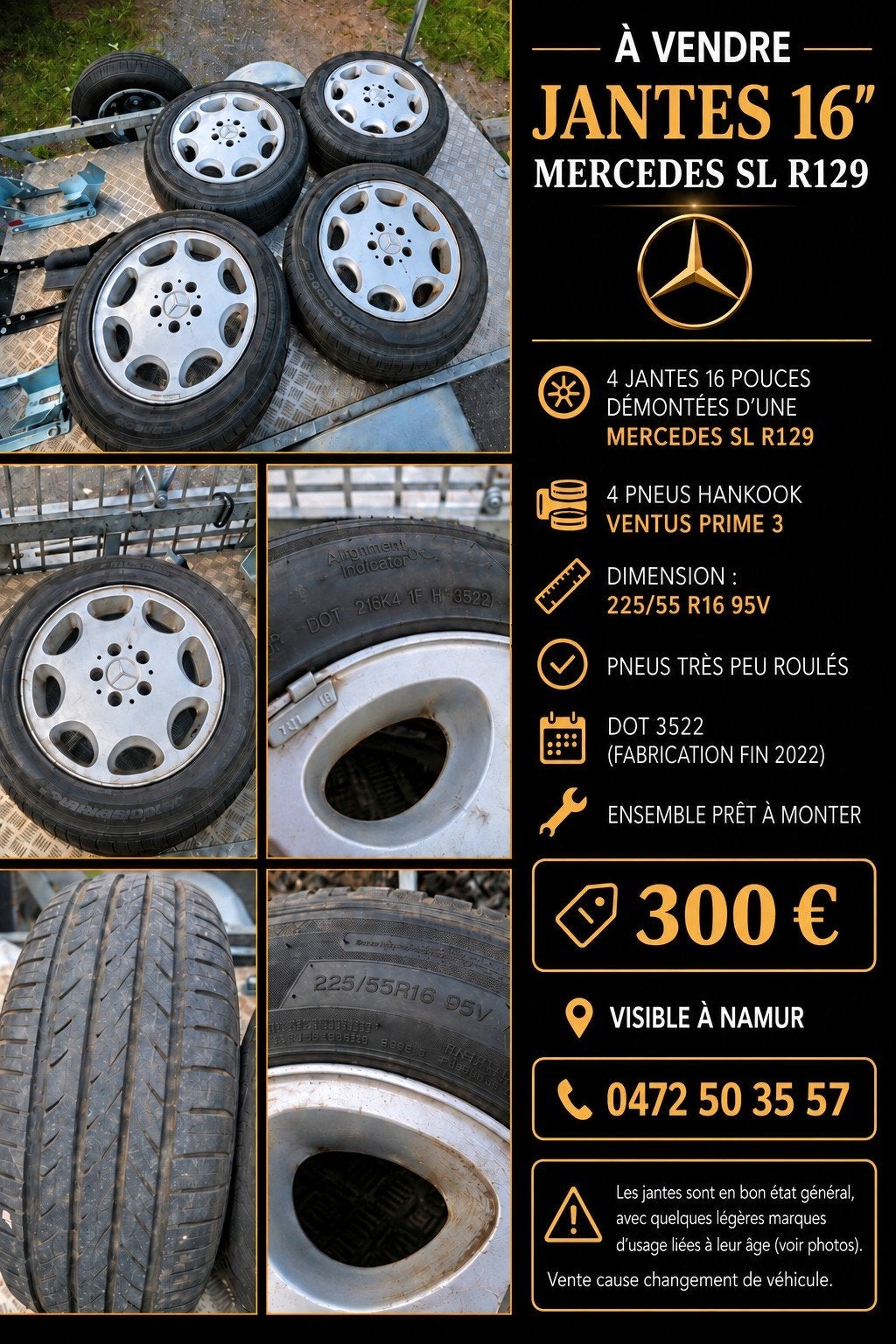 Jantes Mercedes  avec 4 pneus neufs  225/55/16 R129, Autos : Pièces & Accessoires, Enlèvement, Pneu(s)