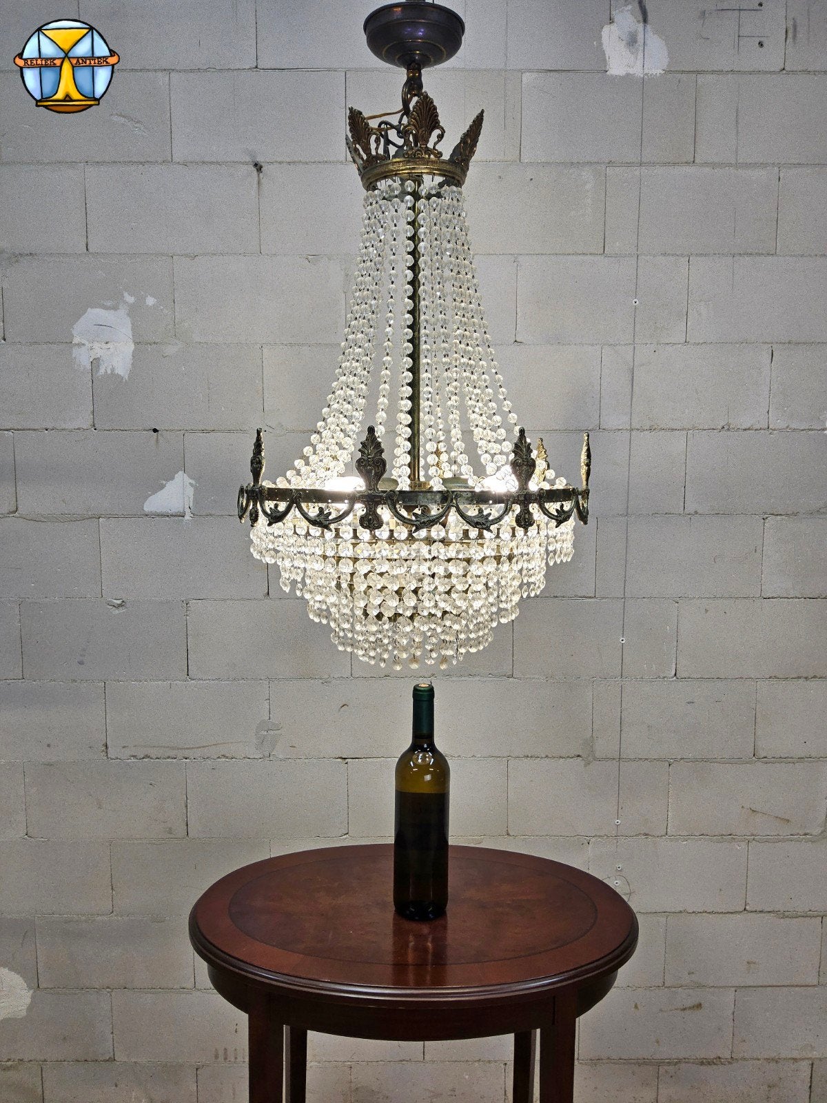 Vintage Kroonluchter met Kristallen (5 lampen) Empire stijl, Ophalen of Verzenden, Metaal