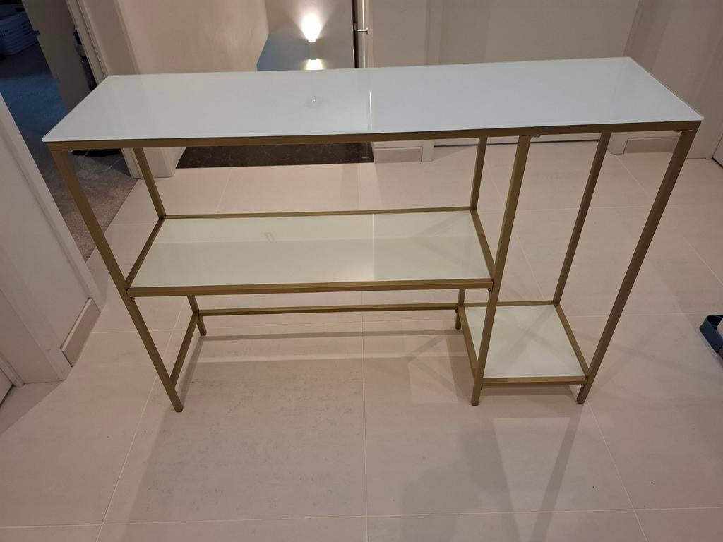 Consoletafel in bronskleurig metaal en glas, Ophalen