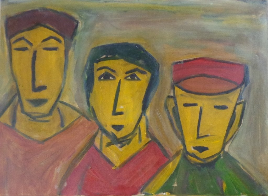 JAN / DRIE FIGUREN / OLIEVERF DOEK / 60x80cm / CHASSIS / SIG, Antiquités & Art, Peinture à l'huile, Figures, Autres matériaux