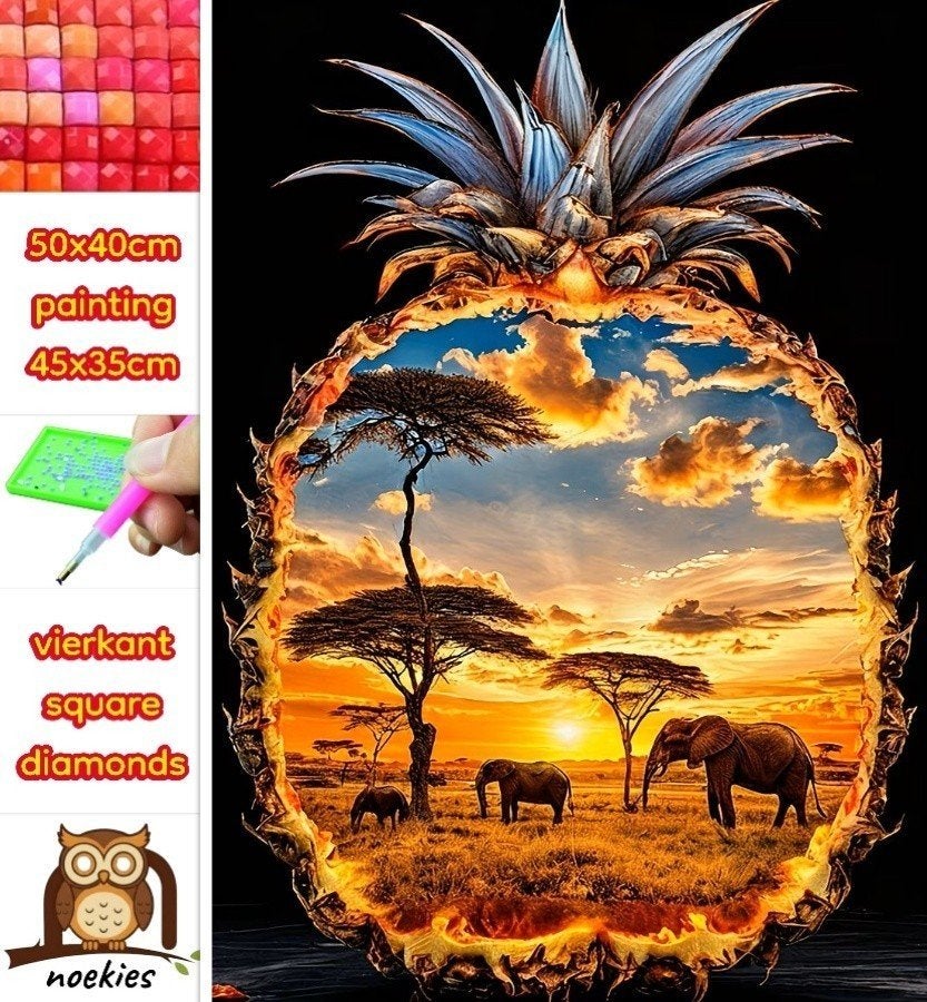 50x40cm Diamond painting Olifant in ananas (vierkant) nr 47, Hobby en Vrije tijd, Knutselen, Verzenden, Nieuw, Meerkleurig, Overige materialen