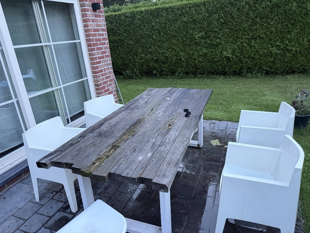 tuintafel wit met eik blad, Tuin en Terras, Ophalen, Gebruikt, Rechthoekig, Overige materialen