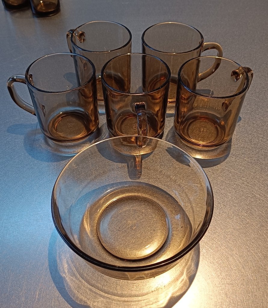 Set van 5 Vintage Rookglas Tassen + Kom, Arcoroc BP, Ophalen