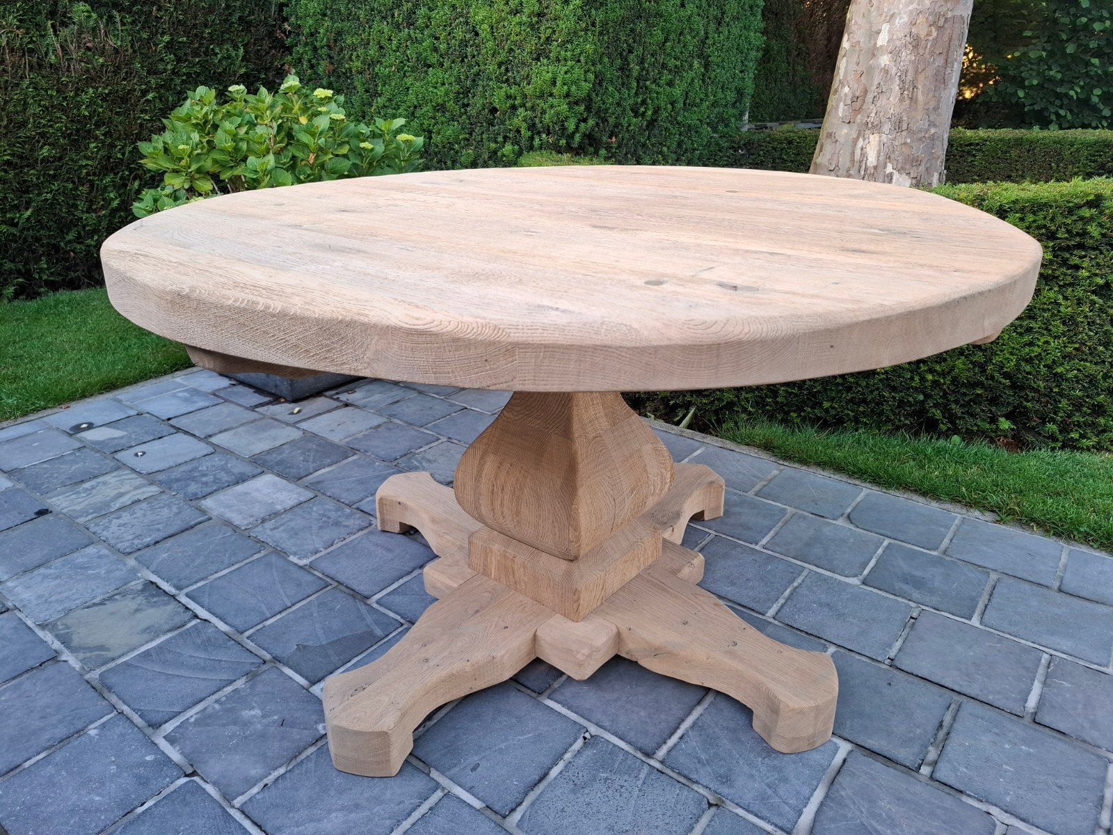 Volledig massief eiken ronde eettafel. 130cm diameter, Ophalen of Verzenden