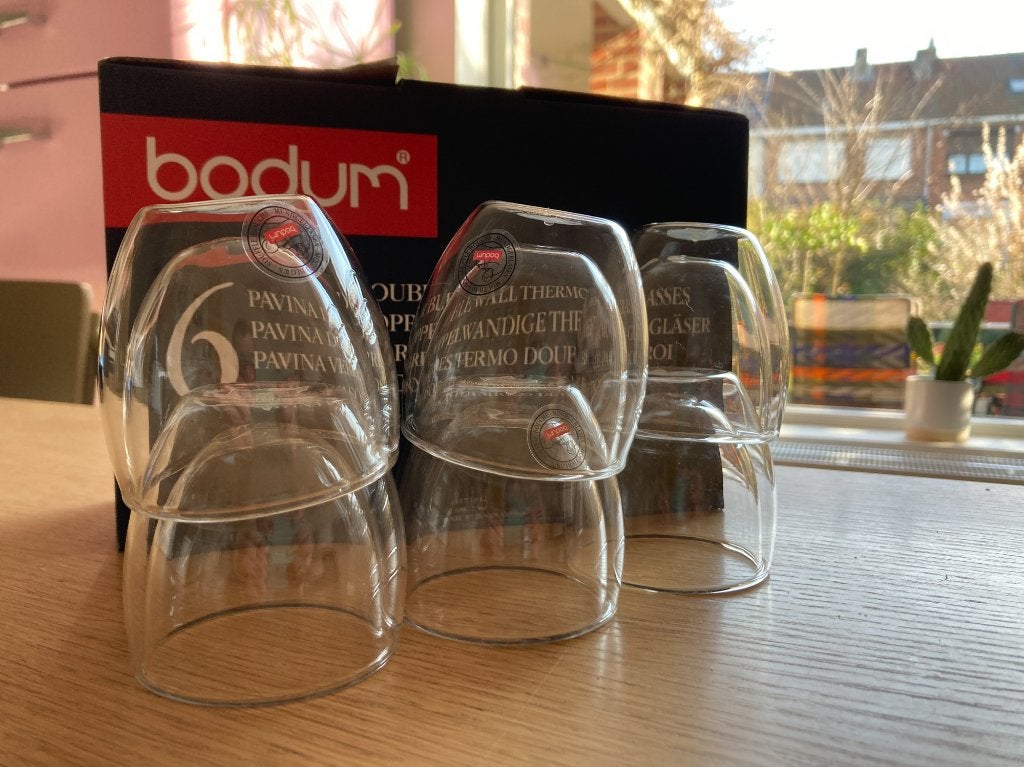 Espresso-glazen Bodum Pavina (dubbelwandig, 6   0,08 l), Ophalen of Verzenden, Zo goed als nieuw, Modern, Glas of Glazen