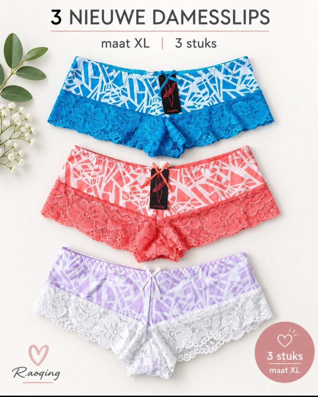 R.AOQING 3x Nieuwe damesslips Maat XL, R.AOQING, Ophalen of Verzenden, Meerkleurig, Slip