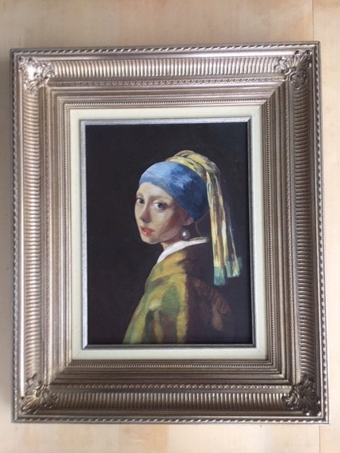 Meisje met de parel (Vermeer)-reproductie., Doek, Portret of Personen, Ophalen of Verzenden, Olieverf