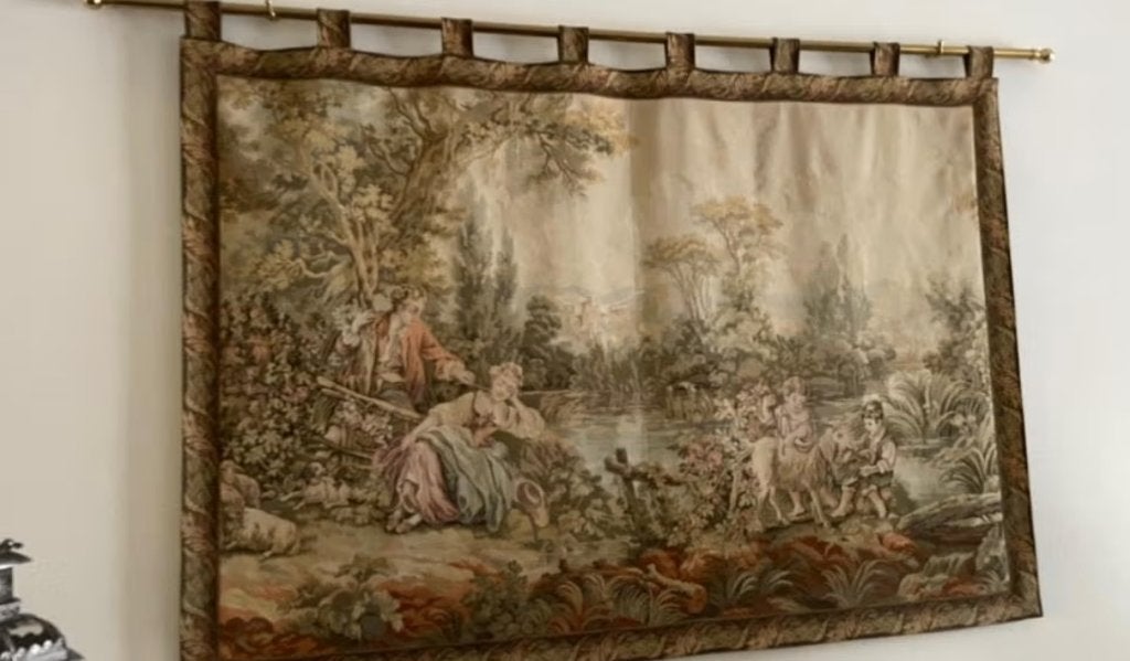 Gobelin muurtapijt minstens 30j oud met gouden staaf, Ophalen, Gebruikt, Klassiek, Bruin