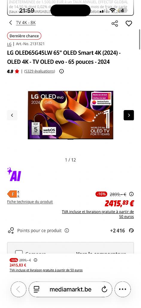 TV 4K, 60 à 80 cm, OLED, Comme neuf, Enlèvement