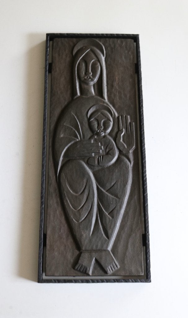 Vintage Brutalist Mcm metalen wandreliëf Madonna met Kind, Ophalen