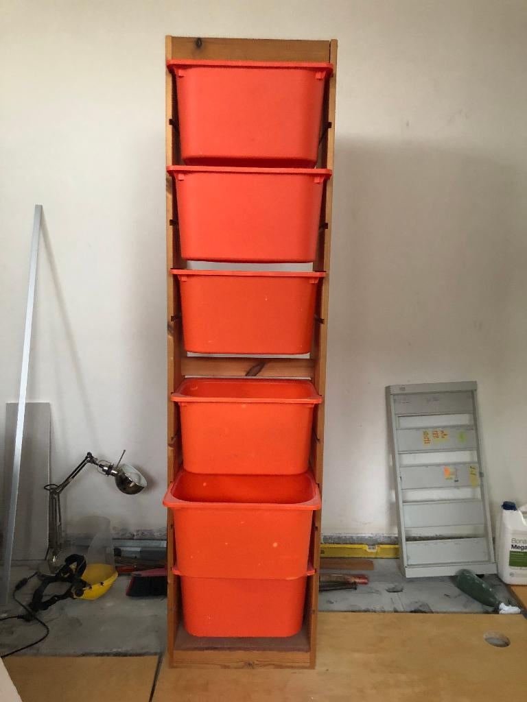 Houten rek met opbergdozen, Ophalen, Gebruikt, Hout