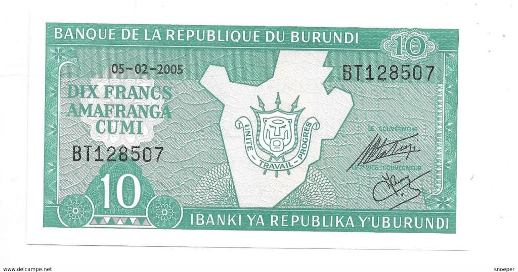 burundi 10 francs 2005 km 33E unc, Postzegels en Munten, Bankbiljetten | Afrika, Verzenden, Burundi, Los biljet