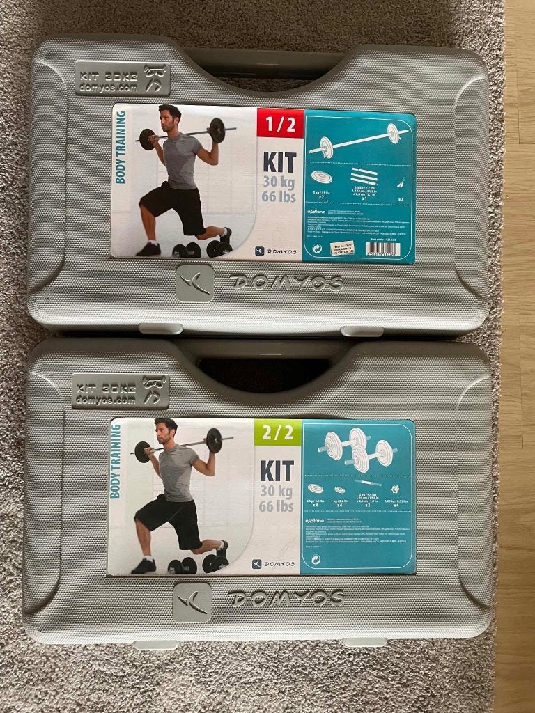 Halterset domyos 30kg, Sport en Fitness, Fitnessmaterialen, Ophalen, Zo goed als nieuw, Benen, Halterset