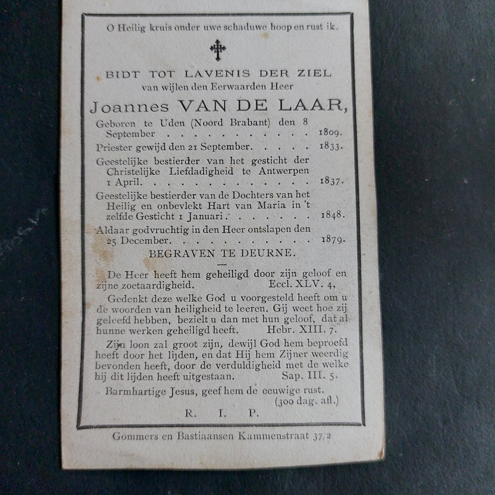Oud bid prentje E.H. Van de Laer 1809-1879, Ophalen of Verzenden, Bidprentje