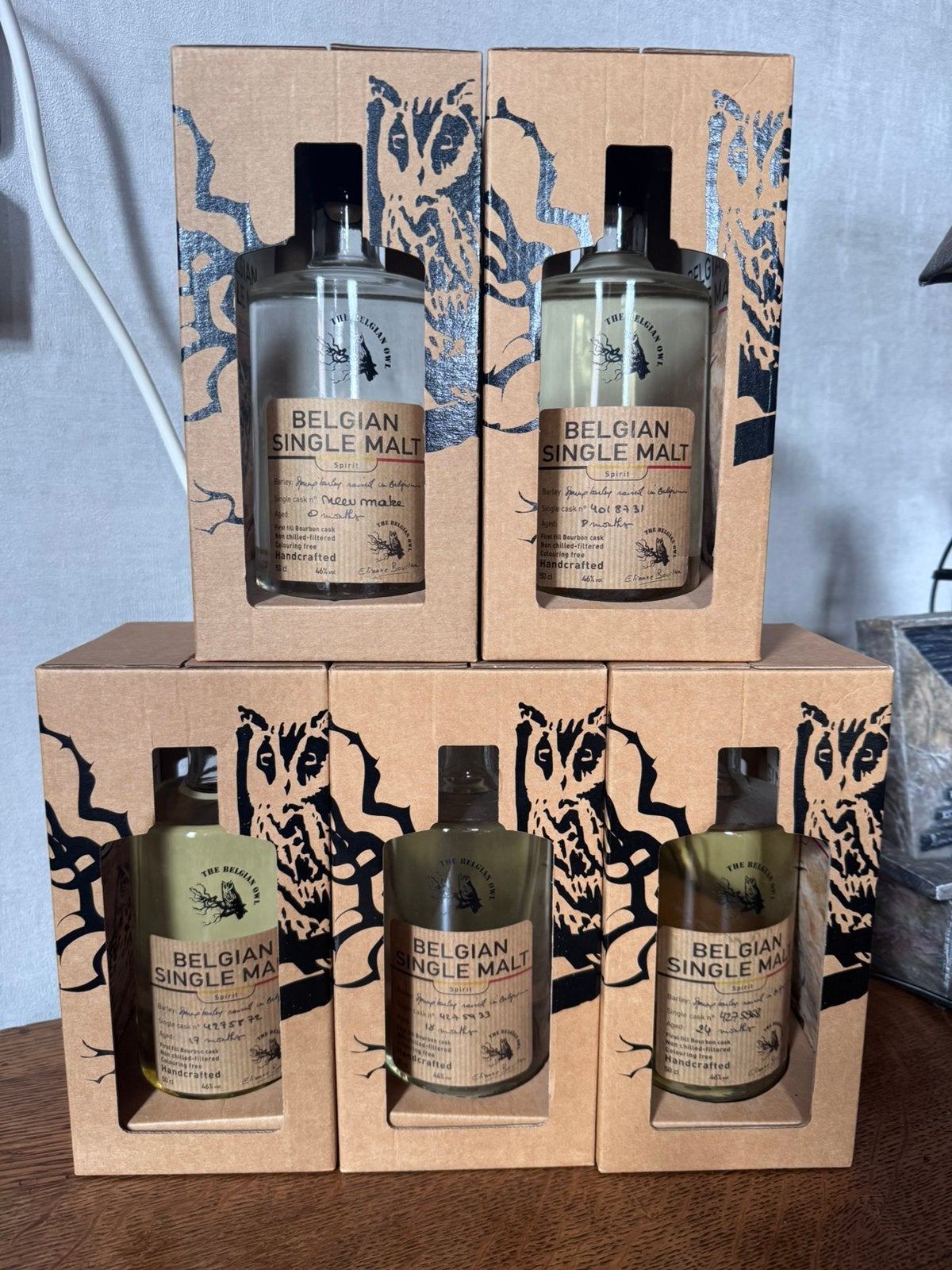 Rare : Lot de 5 bouteilles Spirit , 1ere Ed. Belgian Owl, Ophalen of Verzenden, Zo goed als nieuw