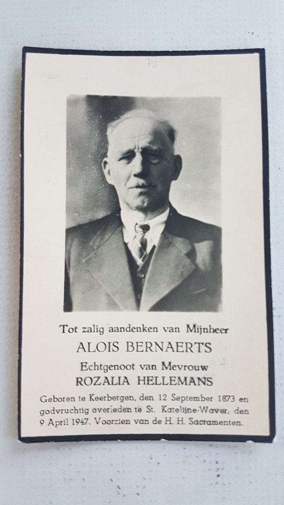 DP Alois Bernaerts x Hellemans Keerbergen St.Katelijne Waver, Ophalen of Verzenden, Rouwkaart