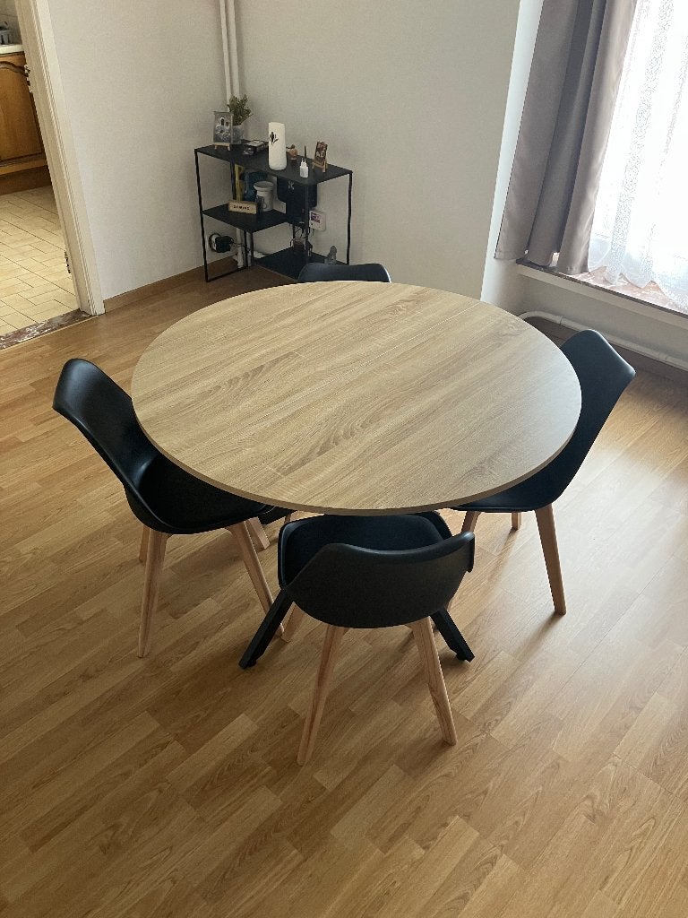 Ronde eettafel Ø 110 cm + 4 stoelen, Huis en Inrichting, Tafels | Eettafels, Ophalen, Rond, Nieuw, Overige houtsoorten