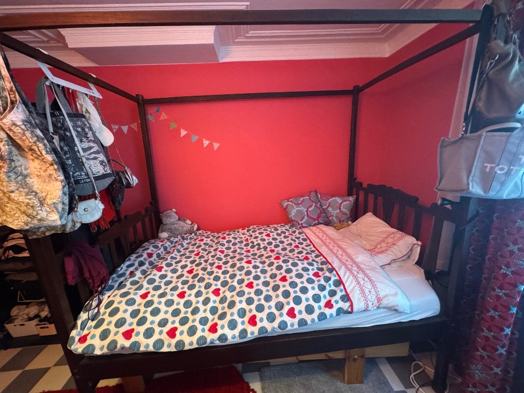 Prachtig handgemaakt hemelbed van Gannehin, Huis en Inrichting, Slaapkamer | Bedden, Gebruikt, Eenpersoons, Bruin, 190 cm of minder