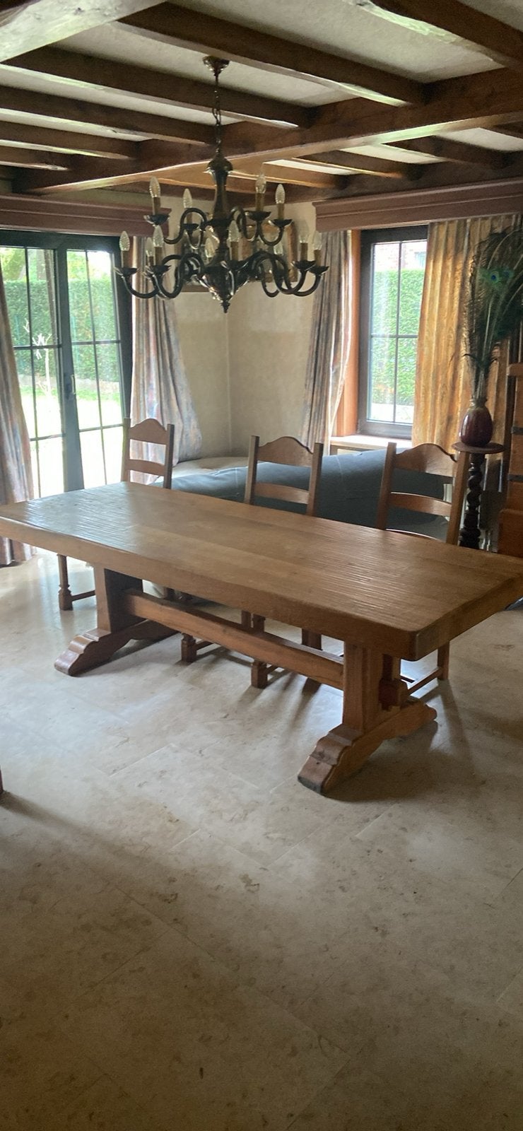 Voleiken eettafel met 6 stoelen, Huis en Inrichting, Ophalen, Gebruikt, Eikenhout, 200 cm of meer