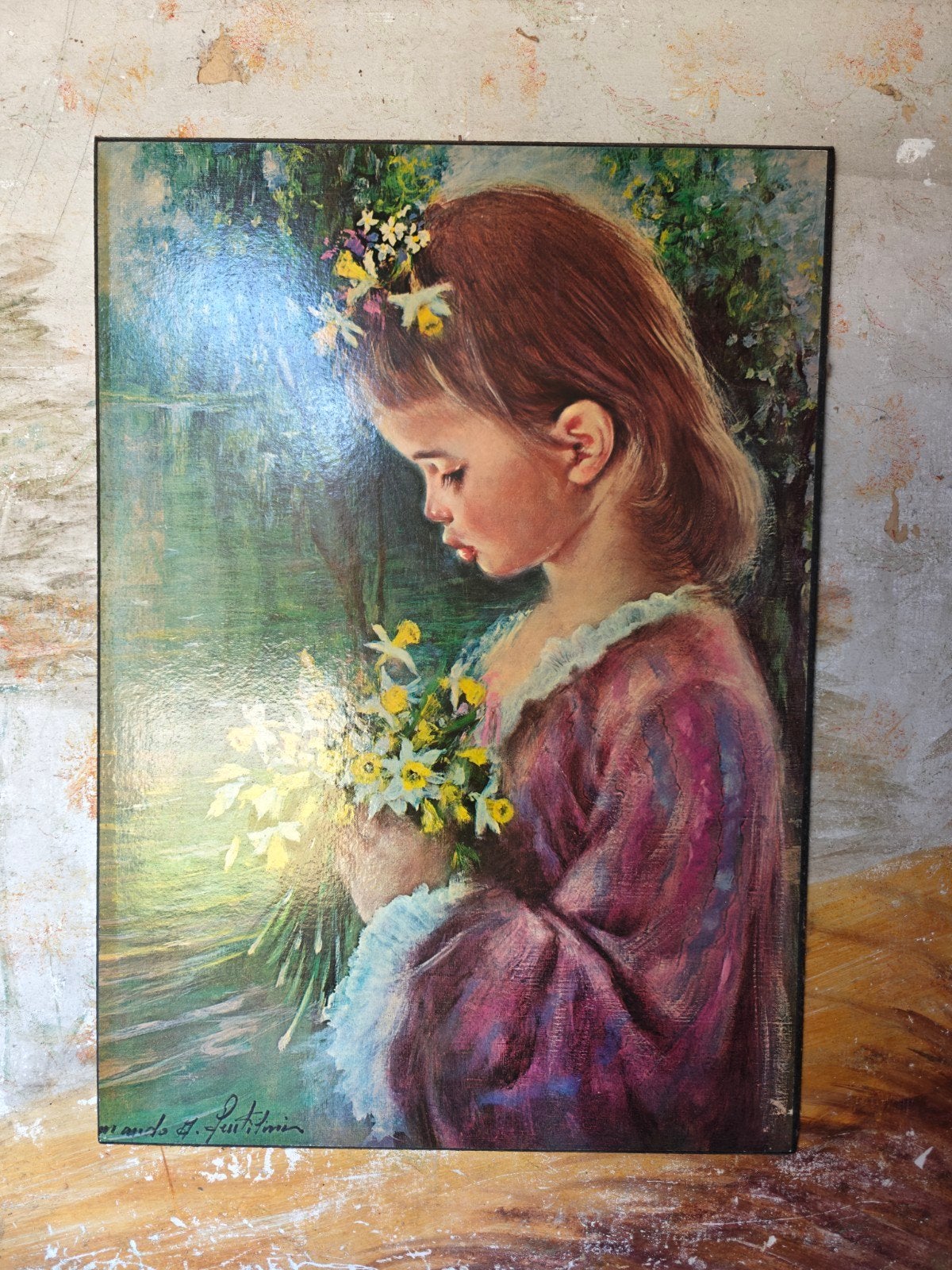 Vintage print meisje met bloemen, Antiek en Kunst, Paneel, Print, Vintage, Ophalen