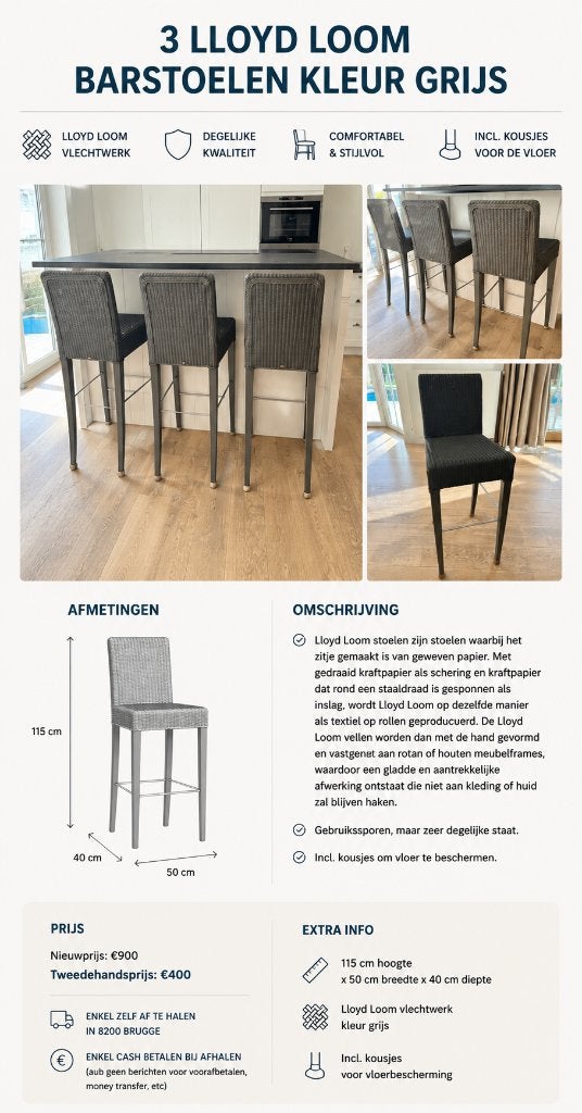 3 Lloyd Loom barstoelen kleur grijs, Ophalen, Gebruikt, Met voetsteun, Hout
