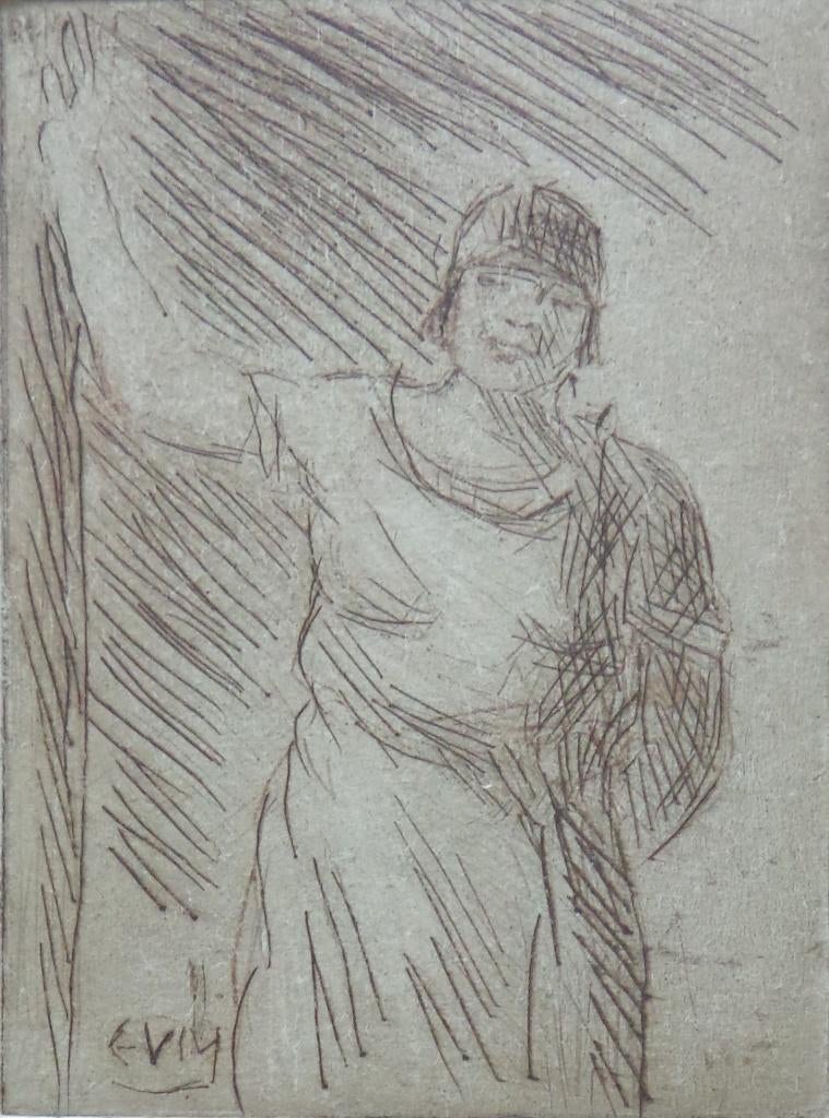 EUGEEN VAN MIEGHEM / STAANDE VROUW / ZW-W ETS 13x9cm / SIG, Antiquités & Art, Enlèvement ou Envoi