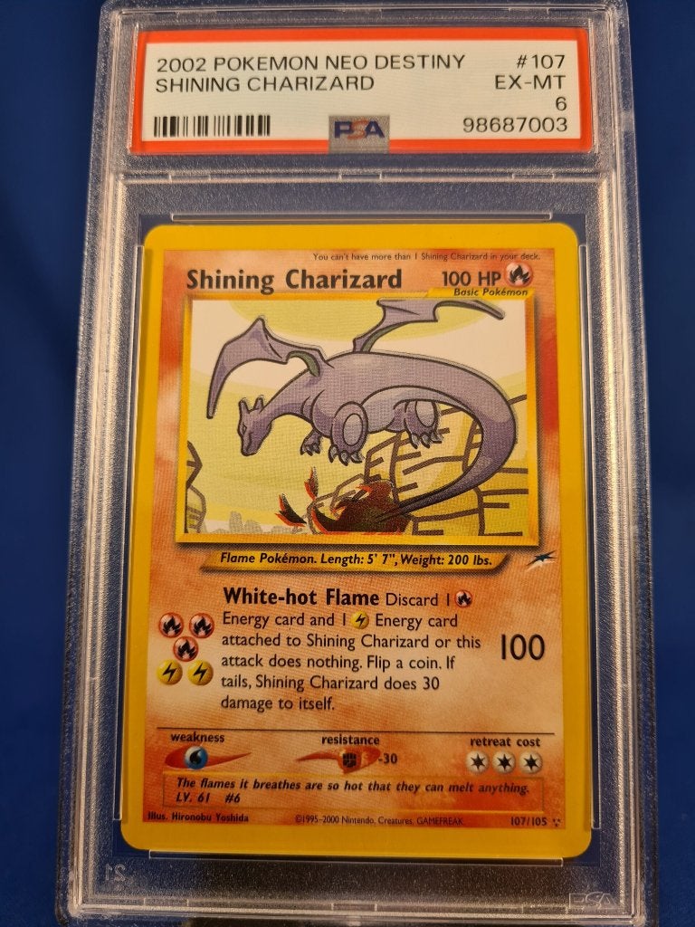 Shining Charizard 107/105 - Neo Destiny (PSA 6), Hobby en Vrije tijd, Verzenden, Gebruikt