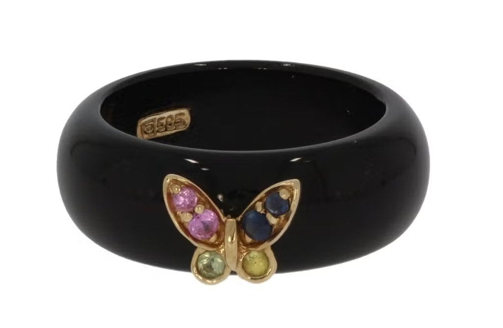 Vlinder fraaie 14k gouden ring onyx edelsteen dames, Ophalen of Verzenden, Zo goed als nieuw, Dame of Heer, Met edelsteen