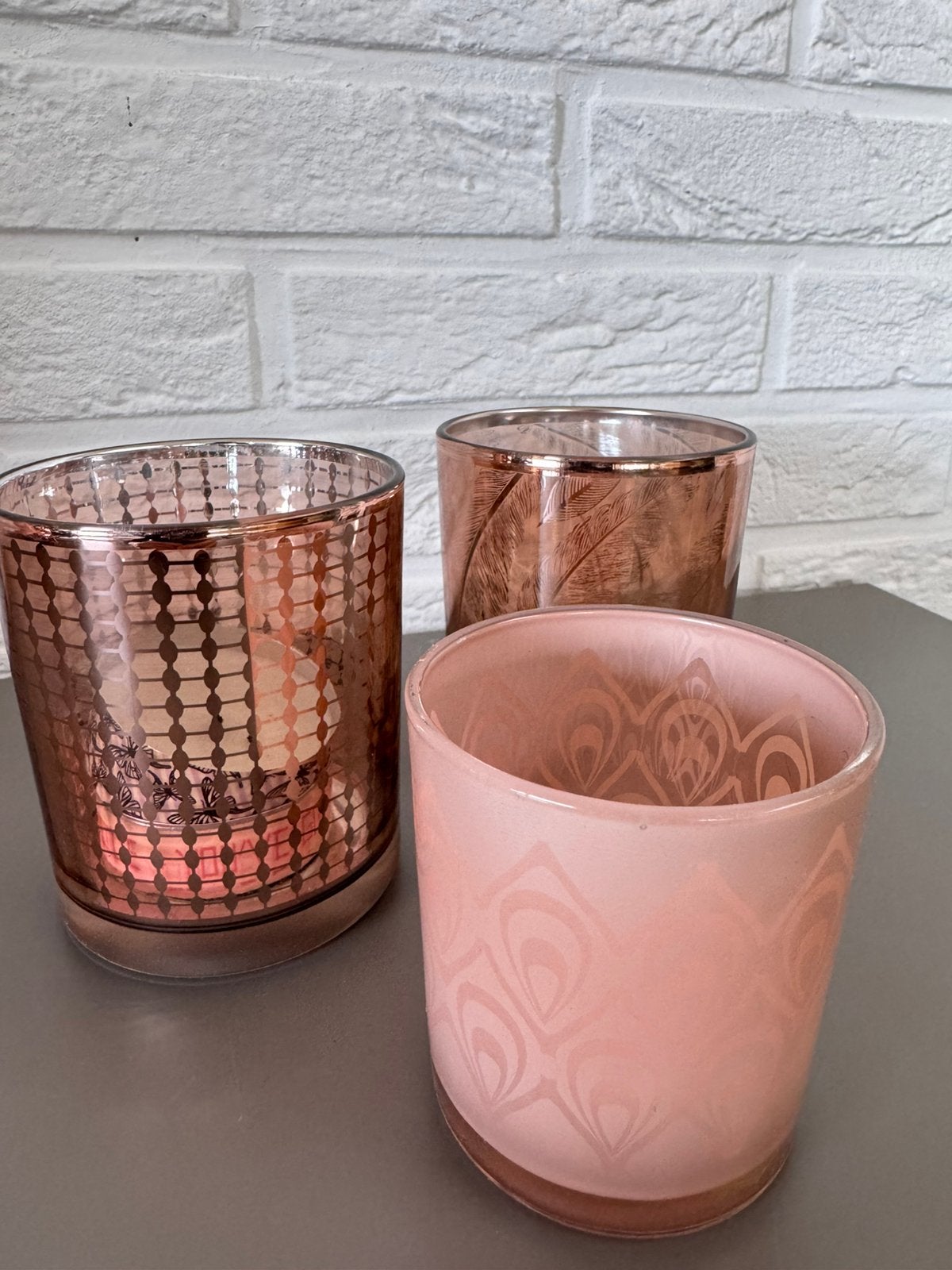 Lot de 3 photophores en verre rose poudré et cuivre, Ophalen, Windlicht, Roze, Glas