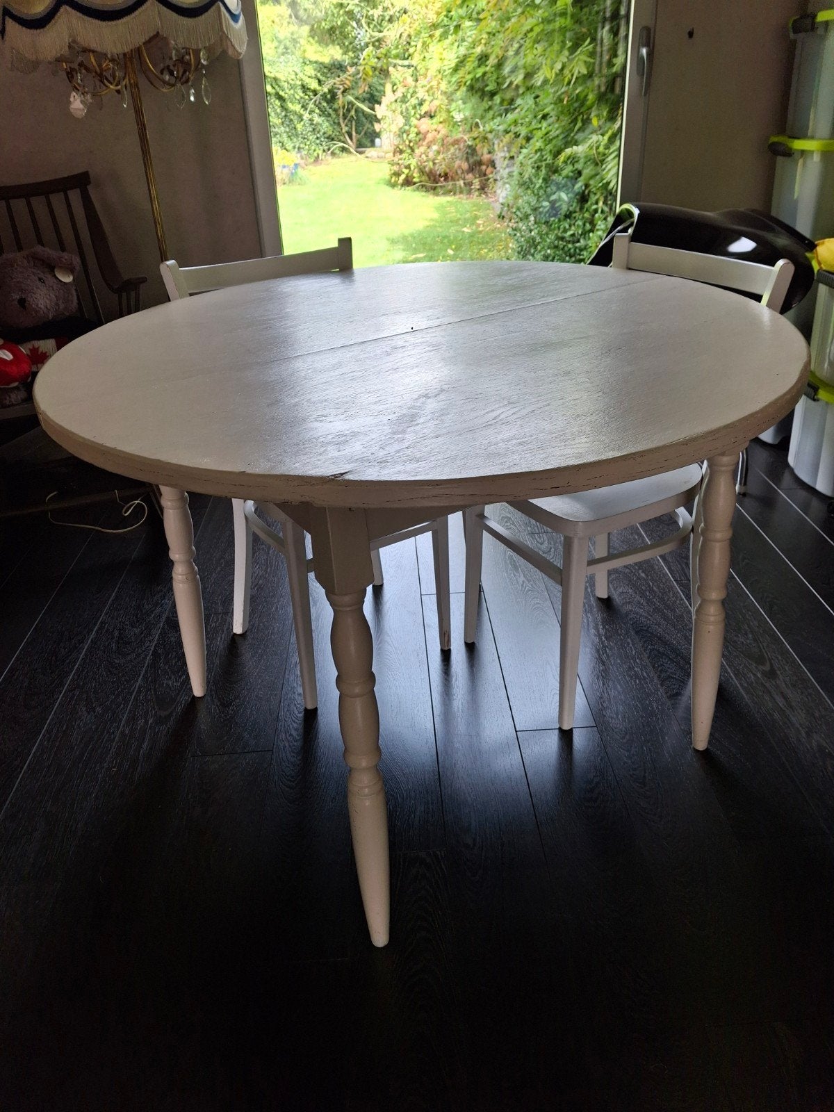 Houten ronde tafel diameter 110cm met 4 stoelen, Huis en Inrichting, Tafels | Eettafels, Ophalen, Gebruikt, Vier personen, Eikenhout