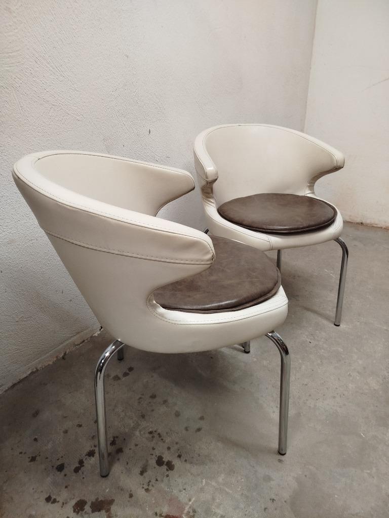 Set 2xSpaceAge stoelen wit skaileder met bruine zit - Secolo, Space Age, Gebruikt, Twee, Wit