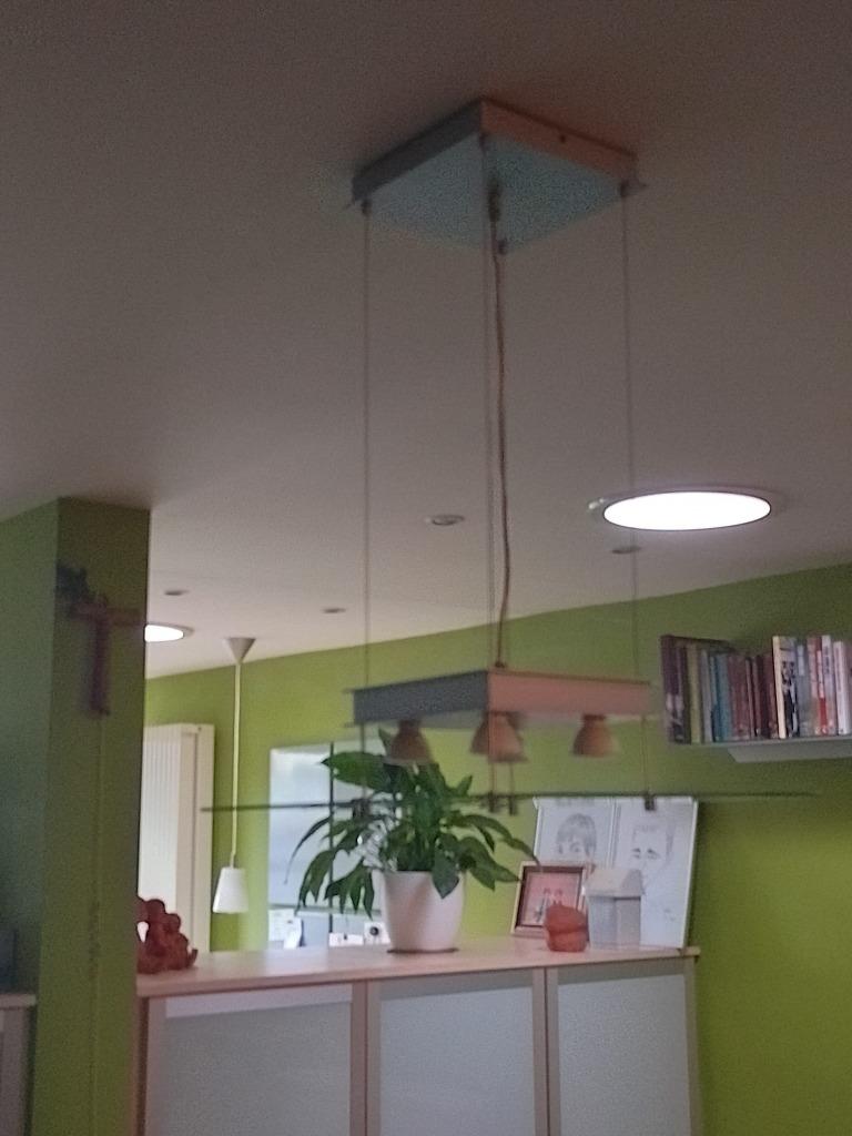 Vintage hanglamp boven eettafel, Huis en Inrichting, Lampen | Hanglampen, Ophalen, Gebruikt, Glas, Strak modern