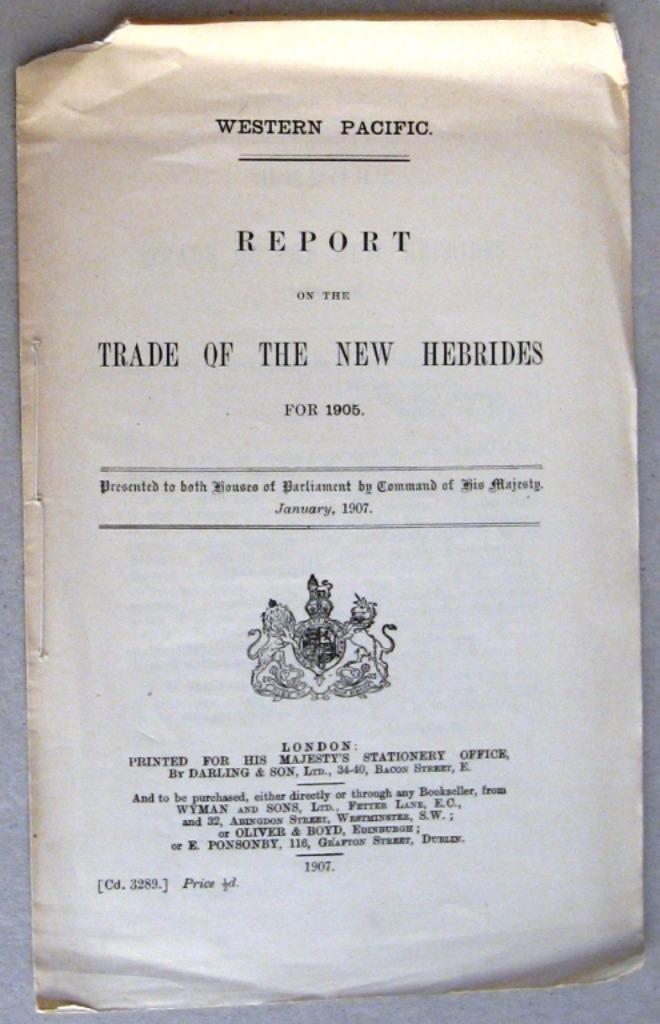 Report on Trade of the New Hebrides 1907 Vanuatu Pacific, Enlèvement ou Envoi