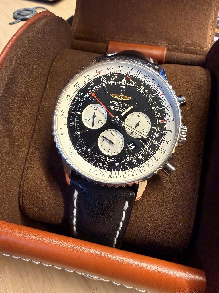 Breitling Navitimer 01 46mm - Complete set (Als nieuw!), Handtassen en Accessoires, Horloges | Heren, Ophalen, Leer, Staal, Breitling