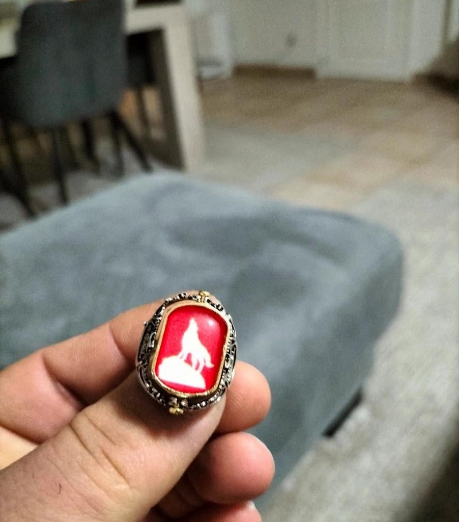 Ring RVS – Bozkurt Wolf – Zwart & Rood – 19 mm, Handtassen en Accessoires, Ringen, Ophalen of Verzenden, Rood