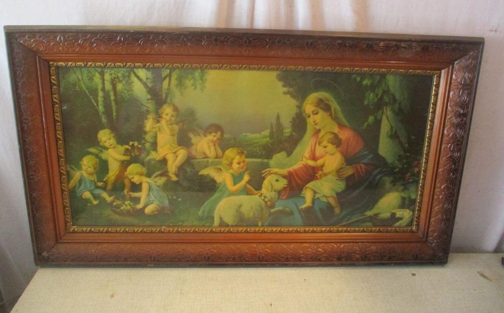 Prachtig Religieuze Prent 'Maria Jezus en Engeltjes' - 90x50, Ophalen of Verzenden