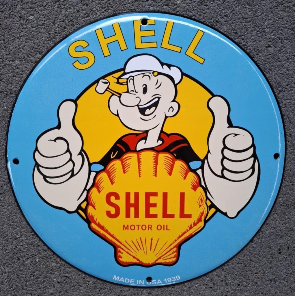 Emaillen bord Shell popeye Texaco Michelin Esso Indian Ford, Ophalen of Verzenden, Zo goed als nieuw, Reclamebord