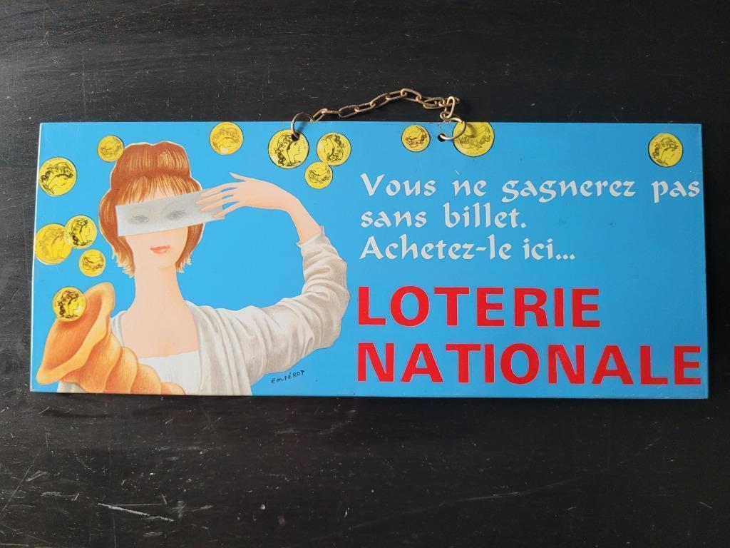 ancien plaque publicitaire loterie nationale N4  32x13 cm, Collections, Enlèvement ou Envoi, Utilisé, Panneau publicitaire
