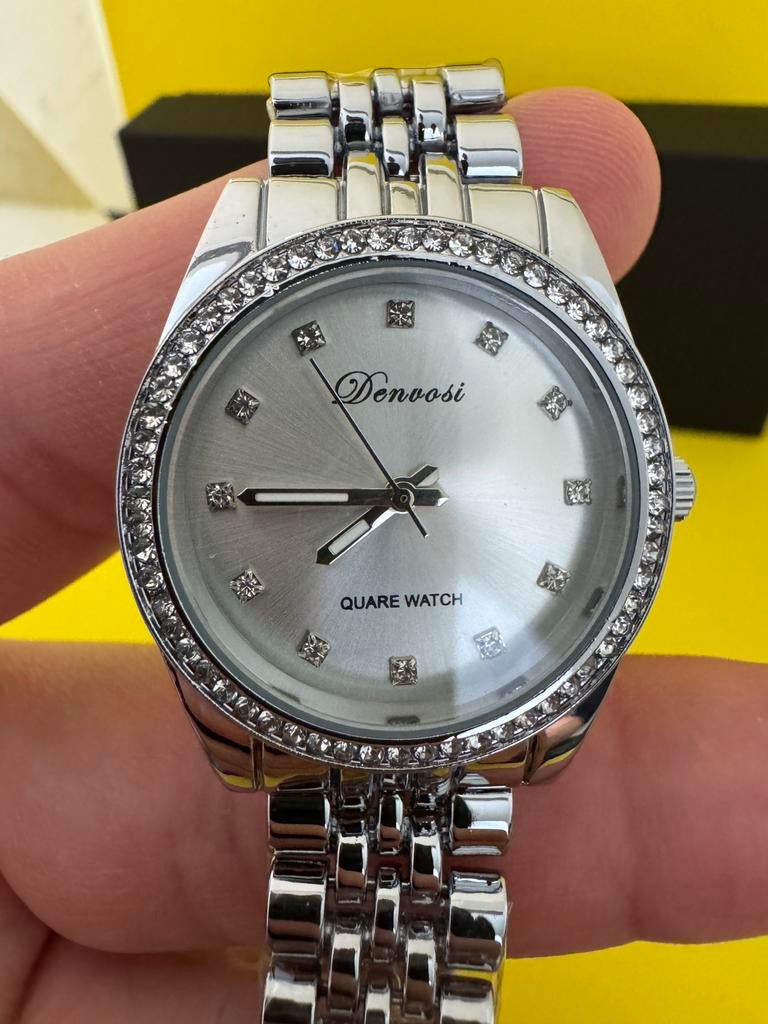Rhinestone Decor Round Pointer Quartz Watch – Silver, Enlèvement, Neuf