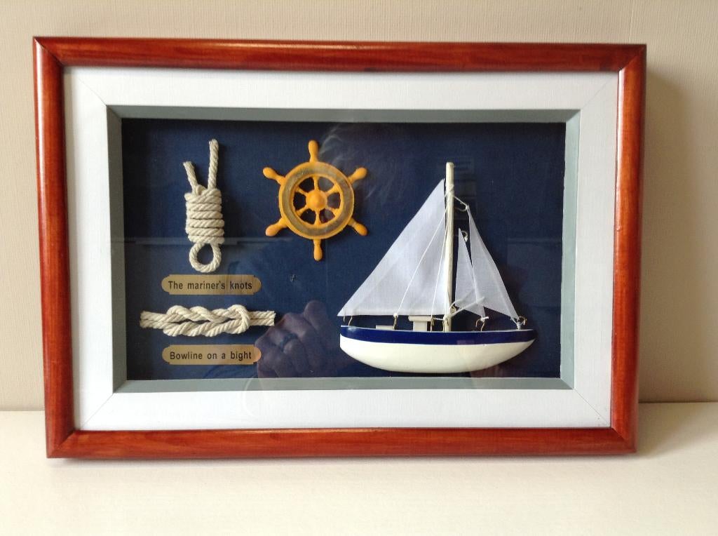 Boîte à ombre bleue et blanche thème du pêcheur 32 x 22 cm, Enlèvement ou Envoi, Comme neuf, 1:50 ou moins, Diorama