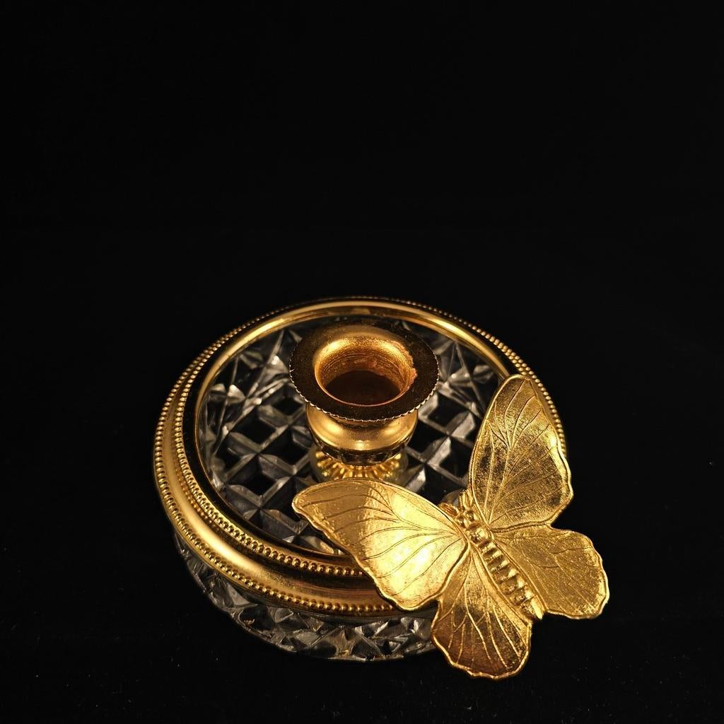 Vintage Kandelaar/asbak met gouden rand en vlinder, Ophalen of Verzenden
