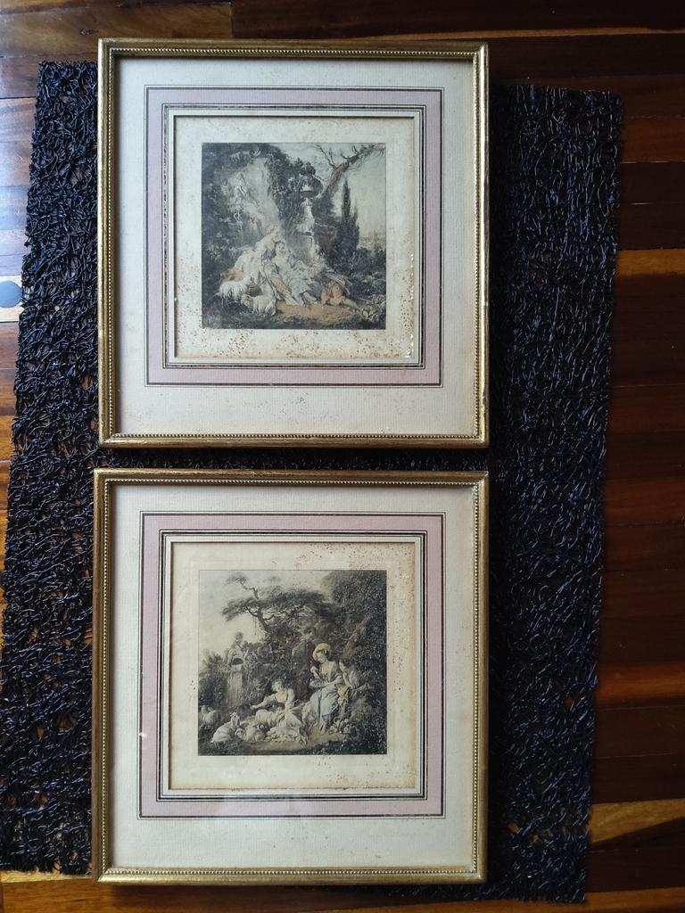 2 kleine schilderijen over een romantisch onderwerp (jaren ', Verzamelen, Foto's en Prenten, Ophalen of Verzenden